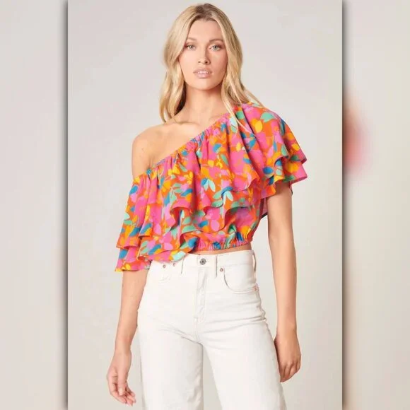 Sugarlips Fruity Floral Charmer One Shoulder Blouse - Picture 1 of 5